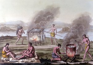 Escena de comedor y cocina entre los indios de Florida. Grabado del siglo XVII de Unknown artist
