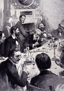 Cena en la mesa de Victor Hugo con Jean Mounet-Sully (1841 - 1916), actor francés. Grabado del siglo XIX de Unknown artist
