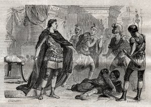 Diocleciano (Caius Aurelius Valerius Diocletianus Augustus) (244-311) muriendo Lucius Flavius Aer - grabado en “Dictionnaire populaire illustrious” - 1864 - por Joseph Decembre y Edmond Allonier de Unknown artist