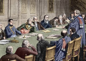 Discusión del Código Civil en el Consejo de Estado (1800-1804), bajo la presidencia del primer cónsul, Napoleón Bonaparte tiene a su izquierda a Jean Jacques Regis de Cambaceres. Grabado del siglo XIX.