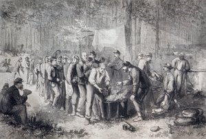 Distribución de raciones a una unidad militar norteamericana, Estados Unidos de América, Guerra Civil Americana, grabado de Unknown artist