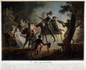 Don Quijote y Sancho en un caballo de madera