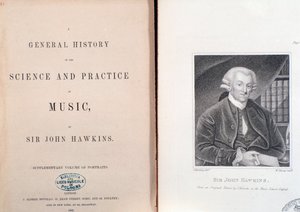 Doble página y frontispicio de Historia General de la Ciencia y la Práctica de la Música de John Hawkins de Unknown artist