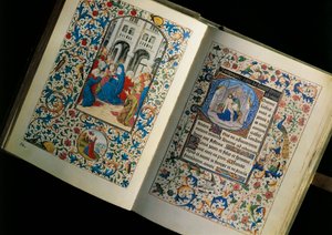 Doble página de un manuscrito abierto (libro): la descendencia del Espíritu Santo. Miniatura después del Breviario de María de Borgoña de Unknown artist