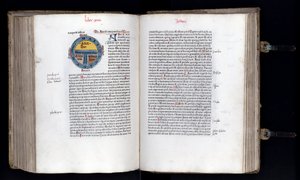 Doble página con el mapa esquemático del mundo en el modelo T-O (T O), se representan tres continentes (Asia, África y Europa). Manuscrito “Etimologías” de Isidoro de Sevilla (560/570-636) siglo XII. 1472 de Unknown artist