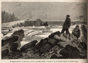 El Dr. Hayes, llega al mar libre del polo Ártico, el propósito de su expedición, planta la bandera estrellada americana. Grabado para ilustrar el viaje al mar libre del polo Ártico, por el Doctor Hayes, cirujano de la Marina de los Estados Unidos, en 1860-