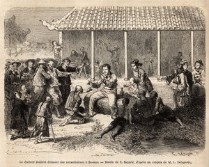 El Dr. Joubert dando consultas en Se-Mao (China), después de curar a un soldado gravemente herido, toda la población de la ciudad invade el patio de la vivienda del equipo de exploración con la esperanza de recibir tratamiento, la mayoría de ellos sufren d