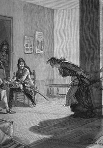 Dragonnades (1685-1686) - tortura de una familia protestante: soldados del rey, dragones, sosteniendo a un bebé mientras su madre está atada a un poste. Grabado del siglo XIX. En “Histoire de France” por Jules Michelet de Unknown artist