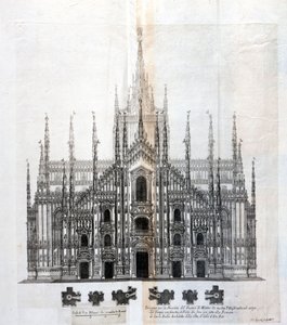 Dibujo de la fachada del Duomo de Milán mostrando su uniformidad con el cuerpo del edificio. Muchos proyectos arquitectónicos fueron diseñados alrededor del siglo XVII para completar la fachada que había quedado sin terminar. de Unknown artist