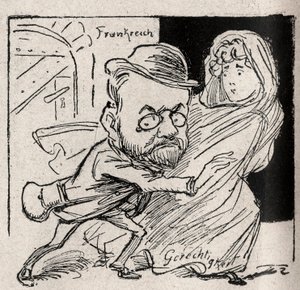 Caso Dreyfus - Emile Zola tiene Justicia: ven conmigo, mi tesoro, aquí ya no queremos escucharnos - Dibujo publicado en el periódico austriaco “Der Floh” en 1898 (reproducido en Le Rire) de Unknown artist
