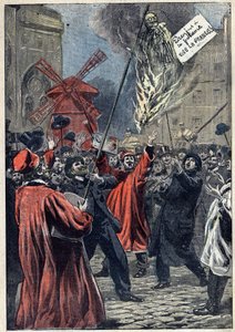 Caso Dreyfus - París - 1898: manifestación antisemita en Montmartre. Una efigie de Martin Dreyfus, hermano de Alfred, es quemada en la plaza, con un cartel colgado en su cuello: "Dreyfus tiene la horca. ¡Viva Francia!" Ilustración en "Le Pelerin" del 10 de de Unknown artist