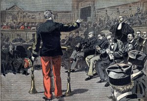 Caso Dreyfus - Proceso de Emile Zola - 1898: El general Auguste Mercier (1833-1921) responde preguntas de Fernand Labori (1860-1917), abogado del escritor Emile Zola (1840-1902). También están representados el presidente del tribunal Albert Delegorgue, los de Unknown artist
