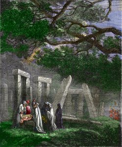 Druidas practicando un sacrificio humano en Stonehenge detenidos por soldados romanos - Sacrificio humano por los druidas en Stonehenge detenidos por los soldados romanos durante el ritual - Grabado coloreado del siglo XIX de Unknown artist