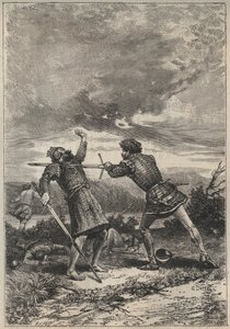 Duelo y muerte de Oak Torquil - ilustración del siglo XIX para la novela histórica 