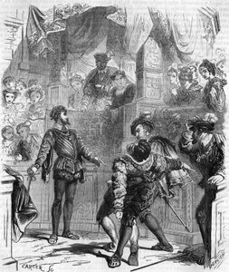 Duelo con espada de François de La Chataigneraie contra Guy de Jarnac; Jarnac hirió fatalmente a su oponente cortándole la pierna; en 1547, grabado del siglo XIX. de Unknown artist