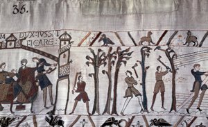 El Duque Guillermo ordenó la construcción de barcos, se talaron árboles - Tapiz de Bayeux, conocido como Bordado de la Reina Matilde