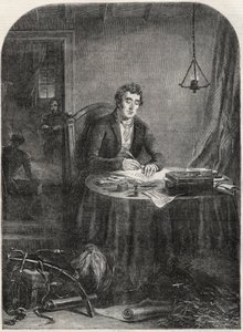 El duque de Wellington (Arthur Wellesley (1769-1852)) escribiendo un despacho después de Waterloo, 19 de junio de 1815 - grabado de 1852 de Unknown artist