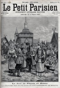 Día de Pascua en Rusia: la costumbre de los huevos en el gobierno de Moscú. Abrazos de los habitantes ofreciendo huevos rojos para celebrar la resurrección de Cristo. Grabado en "Le Parisien" de Unknown artist