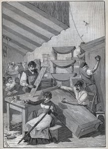 Ebanistería: taller de barnizado con sello. Grabado de 1885 en “Les arts et metiers illustres” de Adolphe Bitard.