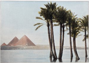 Egipto: la inundación del Nilo y las pirámides de Giza (Guizeh, Guiseh, Giza). de Unknown artist