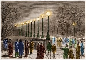 Iluminación eléctrica: lámparas de pie del muelle Victoria en Londres, Gran Bretaña. Grabado en "La Nature" de Unknown artist