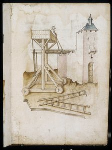 Sistema de elevación y escalas - Manuscrito: hoja de pergamino de un manual de ingeniero para la construcción de edificios civiles, religiosos y militares, anónimo, finales del siglo XV (figura en tinta china) de Unknown artist