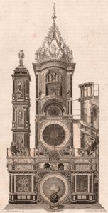 Vista en elevación del reloj astronómico ubicado en la Catedral de Nuestra Señora de Estrasburgo, Francia