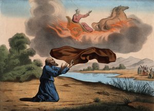 Elías elevado al cielo deja su manto a Eliseo como señal de sucesión. Los dos profetas iban a Jericó cuando Elías fue llevado por un carro de fuego tirado por caballos de fuego, enviado por Dios, en un cielo tormentoso (grabado anónimo de mediados del sigl