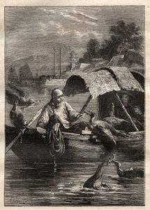 Embajada de Lord George McCartney (1737-1806) en China (1792-1793): El pájaro Leut-ze, utilizado para la pesca (pesca con cormorán) - ilustración de “Los Grandes Navegantes del siglo XVIII” de Unknown artist