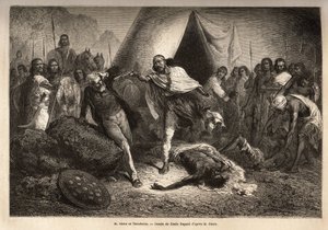 Emperador (o negus) Theodoros II (Tewodros) (nacido alrededor de 1818-1868, llamado Kassa Hailu antes de su coronación en el Imperio Etíope), amenazó con su arma al Sr. Stern, un misionero inglés que redactó una biografía del negus, por la cual Theodoros s de Unknown artist