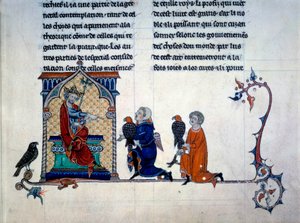 Emperador Federico II (1194-1250) recibiendo cetreros miniatura de "De arte venandi Cum avibus" de Unknown artist