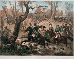 Emperador Napoleón III (1808-1873) y su esposa Eugenia de Montijo (1826-1920) caminando por el bosque de Compiègne. Litografía en color alrededor de 1855. Milán, Museo del Risorgimento de Unknown artist