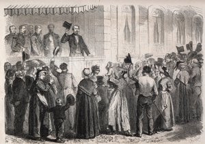 Emperador Napoleón III (1808-1873) en la terraza de la villa de Strauss en Vichy, saludado por la gente del campo el domingo 7 de julio de 1861 - Grabado en “El Mundo Ilustre”