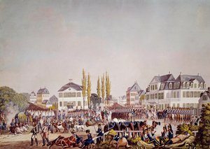 El emperador Napoleón I (1769-1821) revisa las tropas en Frankfurt. Grabado de 1813. Frankfurt, Museo Histórico