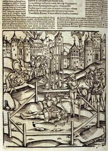 Eneida de Virgilio (70 a.C.-19 a.C.), Libro XII, el héroe troyano Eneas mata a Turno en una batalla bajo la mirada de los latinos y rútulos. Xilografía de Sebastian Brant (1458-1521). Estrasburgo.