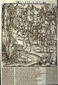 Eneida de Virgilio (70 a.C.-19 a.C.), libro XIII (suplemento), los héroes troyanos Eneas reciben a los latinos, se hacen sacrificios en honor a las víctimas de la guerra. Xilografía de Sebastian Brant (1458-1521). Estrasburgo de Unknown artist