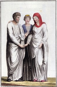 Compromiso o promesa de matrimonio: dextrarum iunctio o unión de manos derechas. Grabado del siglo XIX. de Unknown artist