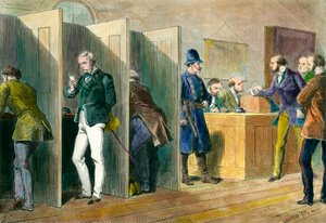 Democracia inglesa: Dentro de una estación de votación durante las elecciones en Inglaterra con representación de las cabinas de votación. Grabado del siglo XIX. Coll. Out. de Unknown artist