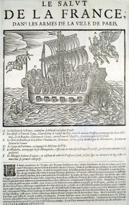 Grabado en madera. Panfleto político Mazarinade: “La salvación de Francia, en los brazos de la Ciudad de París” A - El buen genio de Francia, consumiendo su majestad (Luis XIII) en su flota real, B - Príncipe de Conty, C - Duque de Bouillon y de la Motte-H