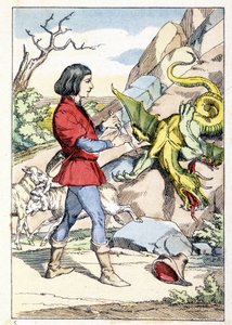 Grabado que representa a un pastor con un cuchillo listo para enfrentarse a un dragón. La bestia se endureció tan pronto como el pastor abrió su cuchillo. Cuento de Charles Perrault: “La flauta y el cuchillo encantado” de Unknown artist