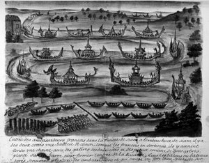 Entrada de los embajadores franceses en el río Siam - en "Viajes del reino de Siam, históricos de 1688". de Unknown artist