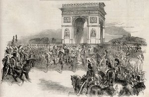 Entrada de Napoleón III en París a través del Arco de Triunfo el 2 de diciembre de 1852, grabado - El emperador de los franceses Napoleón III (1808-1873) haciendo su entrada en París el 2/12/1852 de Unknown artist