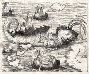 Episodio de la Leyenda de San Brandán: un viaje fantástico del abad irlandés del siglo VI en busca del Paraíso terrenal. Estampa de 1621 de Unknown artist