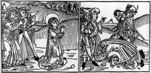 Episodio de la vida de San Donato (muerto alrededor de 355). Grabado de “Leben der Heiligen - sommerteil” (El libro de los santos) de Jacobus (James) de Voragine (1228-1298). Lübeck 1488.