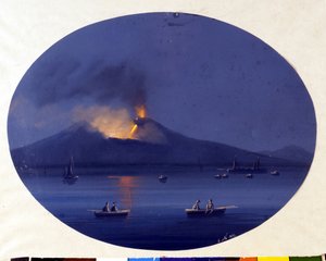 Erupción nocturna del Etna vista desde el mar frente a Catania. Pintura anónima del siglo XIX.