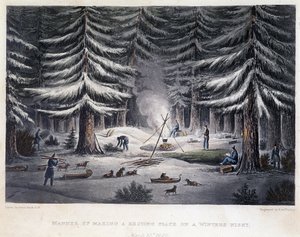Establecimiento de un campamento durante una noche de invierno - en 