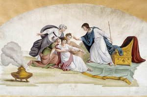 El desmayo de Ester - Proyecto de abanico, c. 1810 de Unknown artist