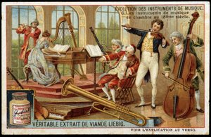 Evolución de los instrumentos musicales: instrumentos musicales de cámara en el siglo XVIII - cromolitografía de Liebig
