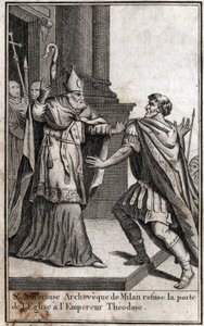 Excomunión: el arco de San Ambrosio de Milán (Aurelio Ambrosio, Ambrogio di Milano (340-397) niega la entrada a la iglesia al emperador romano Teodosio I (Flavio Teodosio) (347-395) para castigarlo por la masacre de Tesalónica en 390. Grabado en
