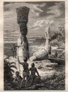 Expedición alrededor del mundo (1785-1788) por Jean François Galaup de La Pérouse (1741-1788): indígenas de la Isla de Pascua mirando estatuas monumentales (Moai) - ilustración tomada de “Los Grandes Marineros del siglo XVIII”